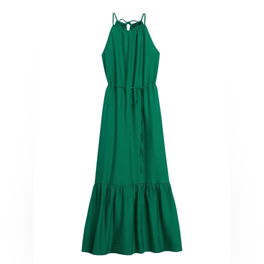 Green silk maxi halter dress with pockets